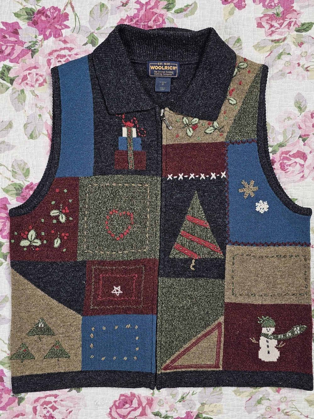 Woolrich Women’s M Multicolor Patchwork Winter Wool Knit Full Zip Collared Vest